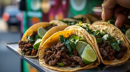 A close-up of street tacos being handed over from a trendy food truck, filled with seasoned beef, fresh cilantro, and lime slices. The food truck’s colorful design is visible in the background,