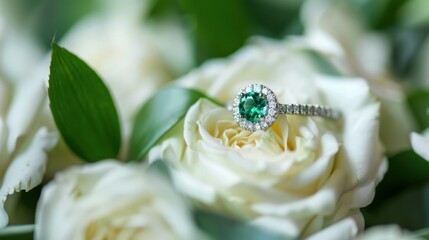 Wall Mural - emerald engagement ring on white roses
