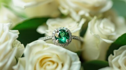 Wall Mural - emerald engagement ring on white roses
