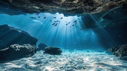 Wall Mural - Sunbeams Shining Through Underwater Cave