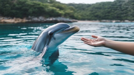 Poster - A dolphin interacting with a person's hand in a serene water setting.