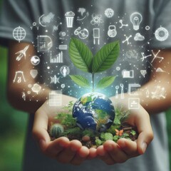 Ecology concept with plant in boy's hand and natural background