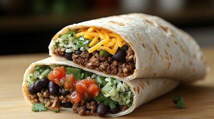 Wall Mural - A cross-section of a stuffed burrito, showing layers of spicy ground beef, cilantro-lime rice, black beans, cheese, and fresh salsa. The ingredients are vibrant and textured,