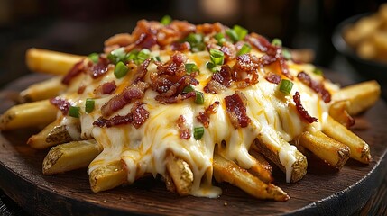 A delicious serving of loaded cheese fries, smothered in melted cheese, crispy bacon pieces, and green onions, served on a rustic wooden board. The cheese stretches as it melts,