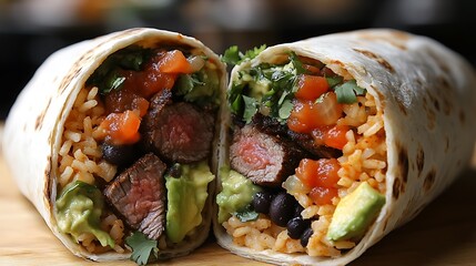 Wall Mural - A delicious stuffed burrito cut in half, showing layers of seasoned rice, black beans, grilled steak, salsa, and creamy avocado, wrapped in a soft tortilla.