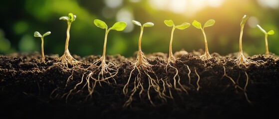 Sprouting seedlings in rich soil, natural growth