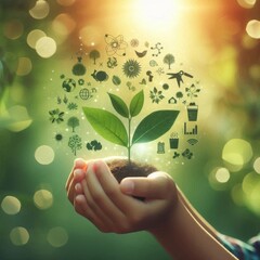 Ecology concept with plant in boy's hand and natural background