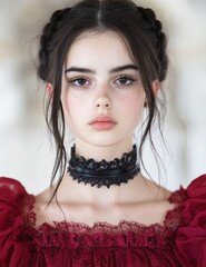 Sticker - beautiful young woman with dark hair and makeup wearing a red lace dress