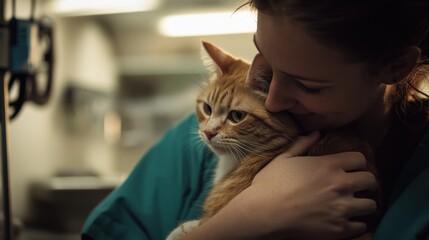 Wall Mural - A person gently hugs an orange cat in a caring environment.