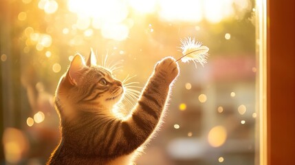 Wall Mural - A playful cat interacts with a feather toy in a sunlit setting.