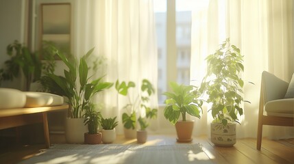 Poster - A sunlit indoor space filled with various potted plants and soft furnishings.