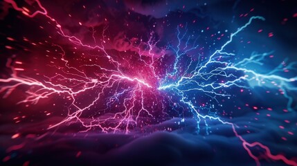 A vibrant display of electrifying colors, showcasing dynamic lightning patterns in red and blue against a dark background.