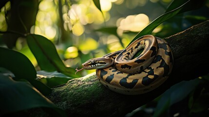 Canvas Print - A snake resting on a branch in a lush, green jungle environment.