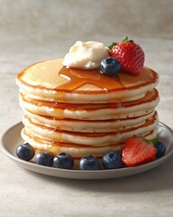 Canvas Print - Delicious stack of fluffy pancakes with fresh berries and whipped cream