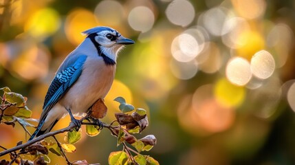 Wall Mural - A blue jay perched on a branch with a blurred, colorful background.