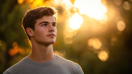 Wall Mural - A young man gazes thoughtfully against a sunset backdrop, evoking introspection and serenity.