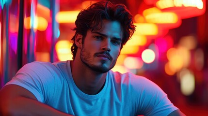 Wall Mural - A contemplative young man poses against a vibrant, neon-lit backdrop.