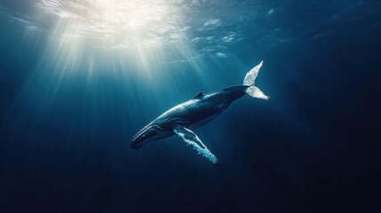 Wall Mural - A majestic whale swimming gracefully through the deep ocean waters.