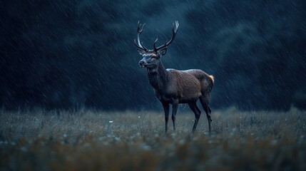 Canvas Print - A majestic stag stands in a rain-soaked field, surrounded by a moody, atmospheric backdrop.