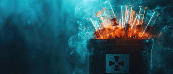 glowing syringes in a hazardous waste container