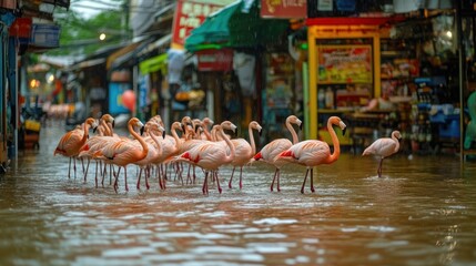 A flock of flamingos wading through a flooded street in a vibrant market area.