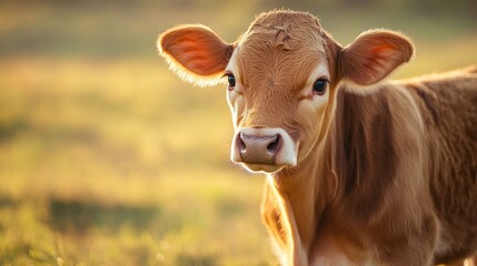 A close-up of a young calf in a sunny field, showcasing its curious expression.