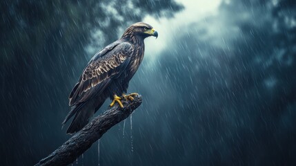 Poster - A majestic eagle perched on a branch in a rainy, moody environment.