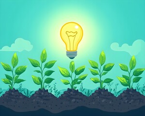 A light bulb shining over a row of growing seedlings, flat design with vibrant but minimal colors, symbolizing growth and energy