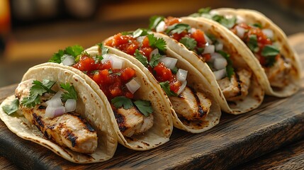 Street tacos filled with grilled chicken, fresh cilantro, onions, and red salsa, served on a rustic wooden board. Warm lighting enhances the colors of the toppings,