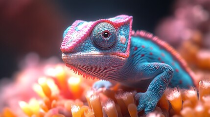 A vibrant blue and pink chameleon with a large eye, perched on a bed of orange and yellow coral.