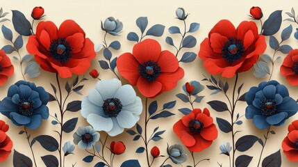 Wall Mural - Red  Blue and White Flowers on a Beige Background