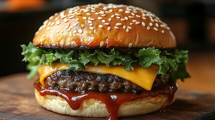 Wall Mural - A close-up of a grilled burger with barbecue sauce dripping down the side, juicy beef patty, melted cheese, and crispy lettuce, all sandwiched between a sesame seed bun.