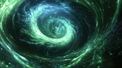 Wall Mural - Abstract Green and Blue Swirling Lights Background - Cosmic Nebula, Galaxy, Space, Fantasy, Digital Art.