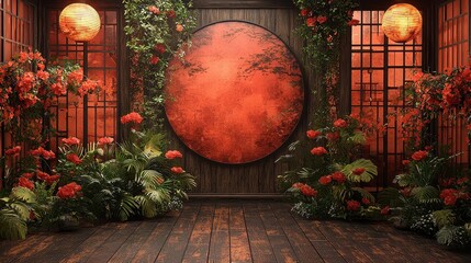 Wall Mural - Japanese Interior with Red Flowers and Wooden Floor