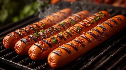 A close-up shot of hot dogs sizzling on a grill, with perfectly seared grill marks visible and a light smoke rising. The hot dogs glisten with a juicy shine under warm sunlight,