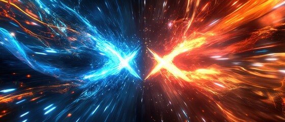 Wall Mural - Abstract Digital Art of Fire and Ice, Blue and Orange Energy Collision,  High-Resolution Background