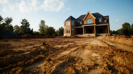 A large new home under construction on a spacious lot with a dirt driveway and lush greenery in the background, symbolizing new beginnings, growth, and the American Dream.