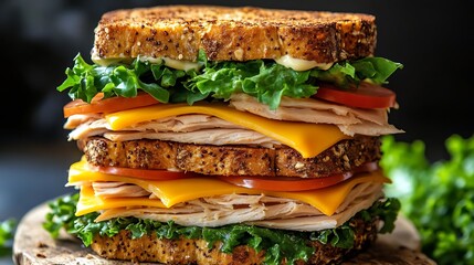 Wall Mural - A delicious gourmet sandwich stacked high with smoked turkey, sharp cheddar cheese, leafy greens, tomatoes, and creamy mayo on rustic sourdough bread.