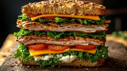 Wall Mural - A delicious gourmet sandwich stacked high with smoked turkey, sharp cheddar cheese, leafy greens, tomatoes, and creamy mayo on rustic sourdough bread.