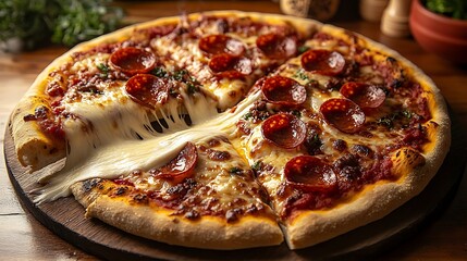 Wall Mural - A dramatic cheese pull shot from a pizza slice, mozzarella stretching between the slice and the remaining pizza, hot pepperoni sizzling on top, golden crust.