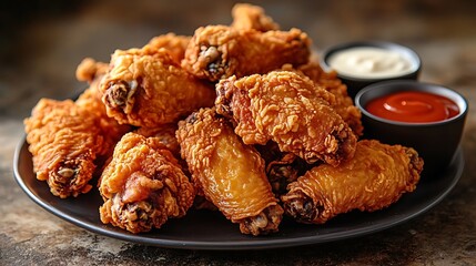 Wall Mural - A feast of fried chicken wings, golden and crispy, laid out on a platter with dipping sauces like spicy buffalo and cool ranch.