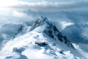 Wall Mural - Panorama of winter mountains in Caucasus region, Russia. Concept of natural beauty and winter landscape