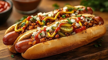 Wall Mural - A mouthwatering hot dog loaded with mustard, ketchup, diced onions, and pickles, served in a freshly toasted bun. Photographed with warm lighting on a rustic wooden board,