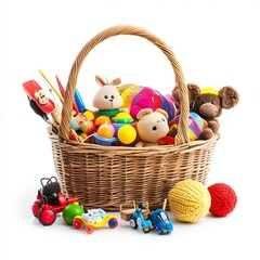 Many different children's toys and wicker basket isolated on white