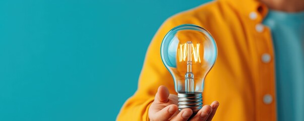 A person in a yellow jacket holds a glowing light bulb against a turquoise background, symbolizing innovation and ideas.