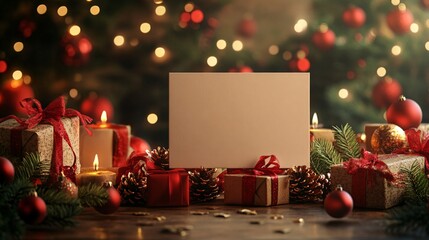 Blank canvas propped on a bench next to a pine tree with twinkling lights and holiday gifts, perfect for Christmas or winter sale and new year advertising