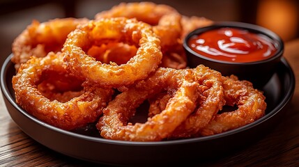 Wall Mural - A plate of perfectly fried onion rings, crispy and golden, served with a tangy dipping sauce. The texture of the onion rings is highlighted by warm lighting,