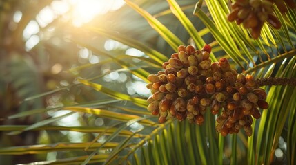 Poster - Palm Tree Fruit with Sun Shining Through Leaves