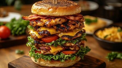 Wall Mural - A stacked sandwich tower overflowing with layers of grilled chicken, crispy bacon, lettuce, tomatoes, and melted cheese. The sandwich is held together with a long skewer,