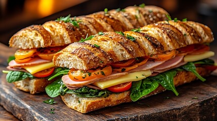 Wall Mural - A vibrant gourmet sandwich with layers of ham, provolone cheese, fresh spinach, and tomatoes on crunchy baguette slices. The sandwich is displayed on a rustic wooden board,